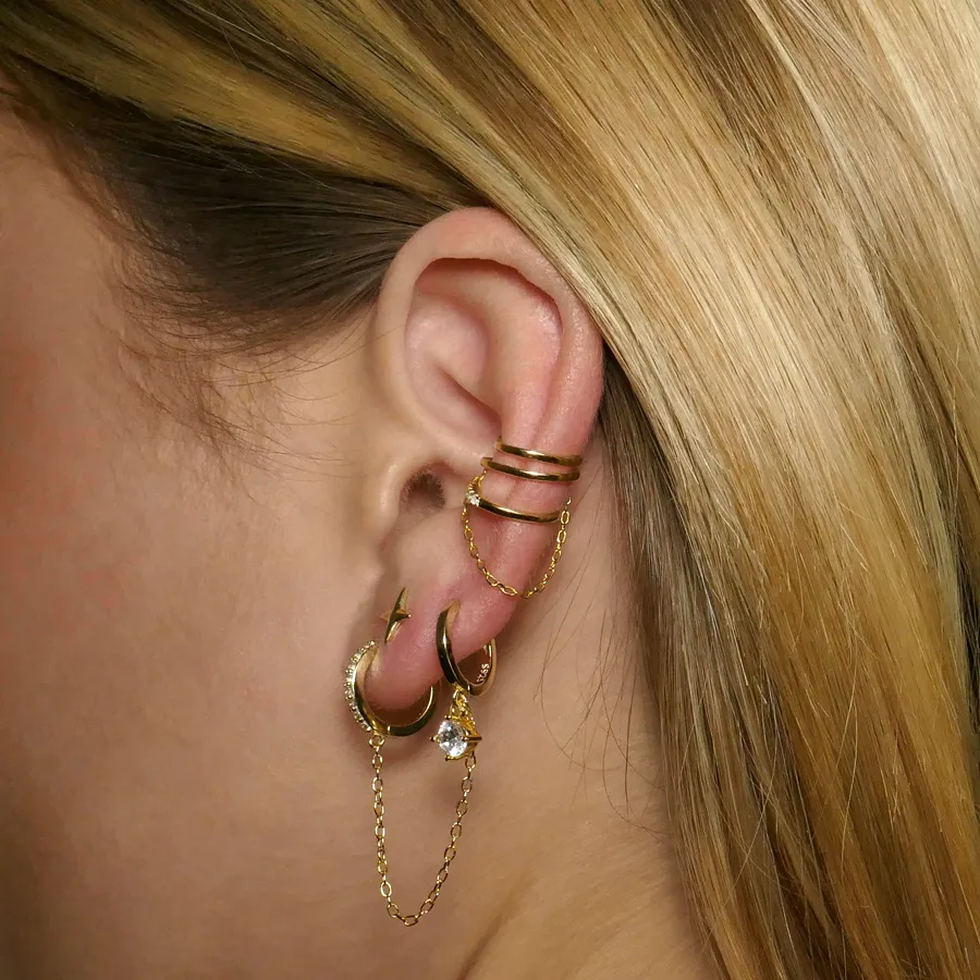 Boucle d'oreille double créole avec pendentif en pierre de zircon blanche | Argent 925 ou Plaqué or 18 carats