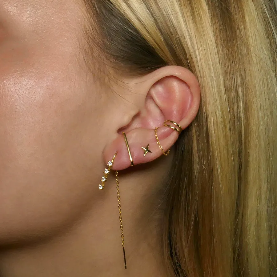 Boucle d'oreille pendante avec chaîne et pendentif de pierres de zircon blanches | Argent massif 925 ou Plaqué or 18 carats