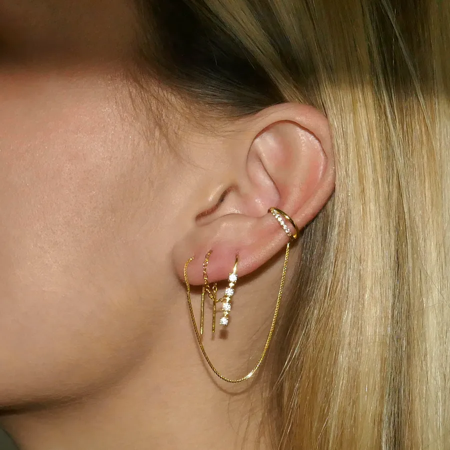 Boucle d'oreille pendante avec chaîne et pendentif de pierres de zircon blanches | Argent massif 925 ou Plaqué or 18 carats
