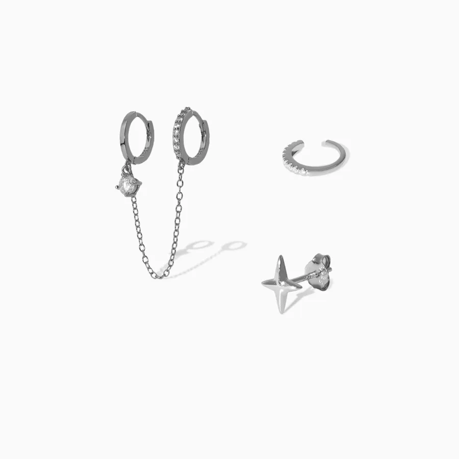 Coffret cadeau - Ma bonne étoile - boucles d'oreille tendance, créole, faux piercing, et puce d'oreille | Argent 925 ou Plaqué or 18 carats